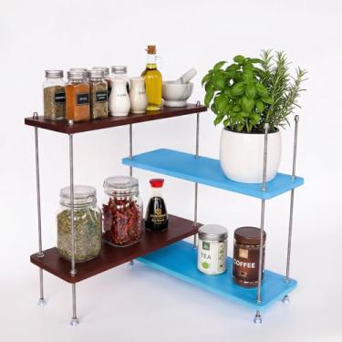 Imagem de VINIUSIKI Organizador de prateleira de bancada em forma de L com 4 níveis de altura, suporte de especiarias de cozinha para bancada, organizador de prateleira de balcão de café de madeira para casa
