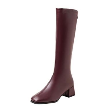 Imagem de Botas femininas de bico quadrado, salto médio, salto grosso, cor sólida, casual, inverno, Vinho vinho, 36