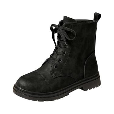 Imagem de Botas curtas casuais femininas de inverno bico redondo frontal com cadarço salto baixo cano baixo calçado moderno, Preto, 38