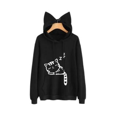 Imagem de Moletom Feminino De Manga Longa Com Estampa De Gato Fofo, Bolso Cangur