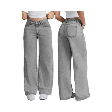 Imagem de Calças Jeans Femininas De Cintura Alta Em Cinza Claro, Largas E Casuai