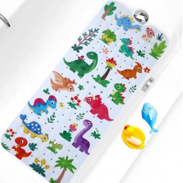 Imagem de Tapete de banho infantil antiderrapante para banheira extra longo 102 x 40 cm, tapete de chuveiro antiderrapante com ventosas e orifícios de drenagem, lavável na máquina (dinossauro da floresta)
