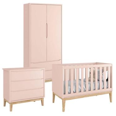 Imagem de Quarto De Bebê Classic 2 Portas Rosa Com Pés Madeira Natural - Reller