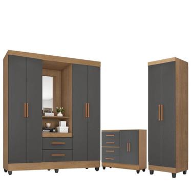 Imagem de Guarda Roupa Casal Capela Com Cômoda Lite 4 Gavetas 02 Portas A E Armário Multiuso Lite Nature Cinza - Móveis Leão