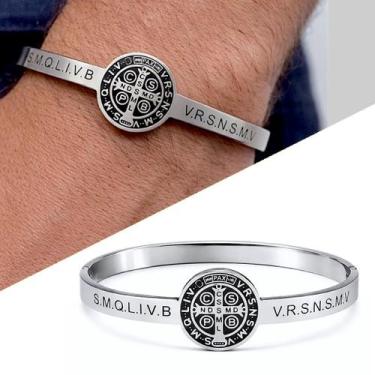 Imagem de Bracelete Pulseira Feminino Pingente São Bento Aço inox Luxo Cor:Preto