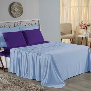 Imagem de Jogo De Cama Casal Nobre 4 Peças Lençol Com Elástico De 30cm De Altura Malha 100% Algodão - Azul-bebê / Roxo