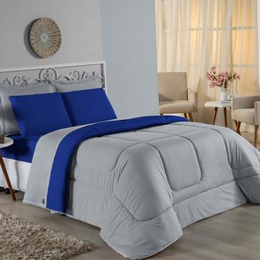 Imagem de Kit Edredom Dupla Face + Jogo De Lençol Casal Viúva Nobre 6 Peças Malha 100% Algodão - Cinza / Royal
