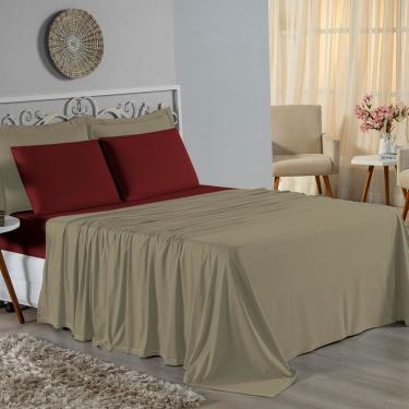 Imagem de Jogo De Cama Queen Nobre 4 Peças Lençol Com Elástico De 30cm De Altura Malha 100% Algodão - Avelã / Vinho