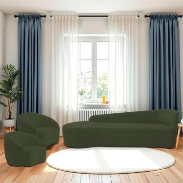 Imagem de Kit Divã Recamier Orgânico França 180cm Lado Esquerdo E 2 Poltronas Amore Linho Verde