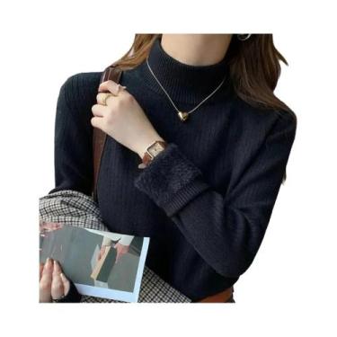 Imagem de Suéter Feminino De Gola Alta Grosso De Inverno Retrô Forrado Com Velud