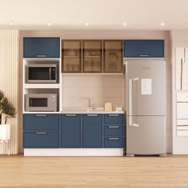 Imagem de Cozinha com Rodapé Torre Quente Aéreo de Vidro e Balcão sem Tampo Amara Azul/Branco