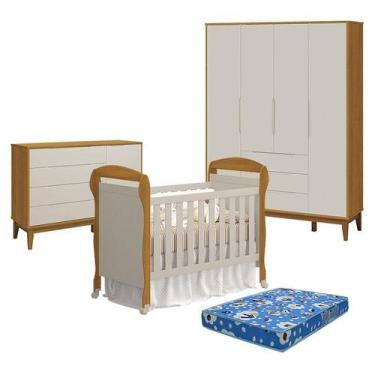 Imagem de Quarto de Bebê 4 Portas com Cômoda com Porta Elfe Classic e Berço Amer