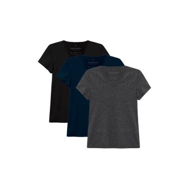 Imagem de Kit 3 Camisetas Babylook Básica, basicamente., Feminino, Preto Azul Marinho Mescla Escuro, PP