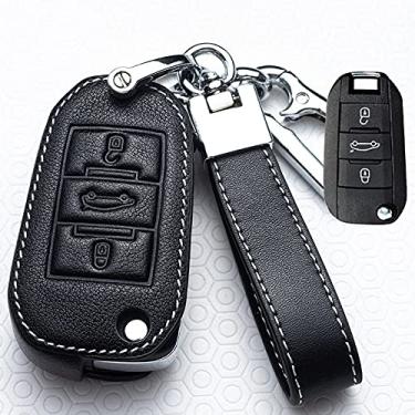 Imagem de CSHU Capa de couro para chave de carro, adequada para Peugeot 107 206 207 208 306 307 301 308S 407 2008 3008 4008 5008 RCZ Citroen C1 C2 C3 C4 C5 DS3 / 4, C, preto