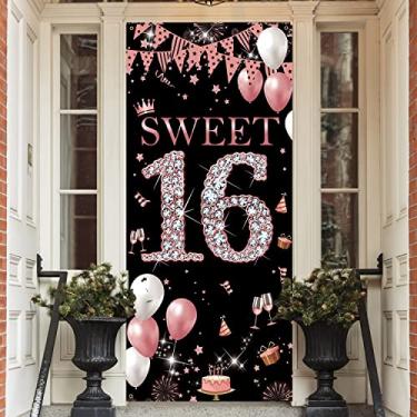 Imagem de Faixa de fundo Sweet 16 Birthday Door Banner, decorações de aniversário de 16 anos para meninas, capa de porta Sweet Sixteen ouro rosa, cartaz de 16 portas, suprimentos para festa de aniversário, 1,9 m x 90 cm Tecido resistente PHXEY