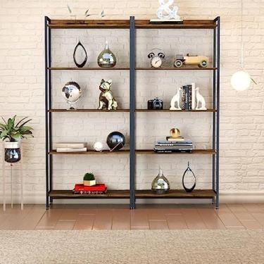 Imagem de Conjunto 2 Estantes para Livros Altas Industrial Aço 5 Prateleiras 187x80cm Active Yescasa Carvalho Dark