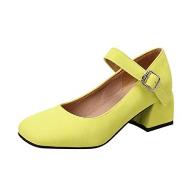 Imagem de Sapatos femininos de salto alto com fivela de couro bico redondo salto alto grosso sapatos de salto alto para mulheres, Amarelo, 8.5