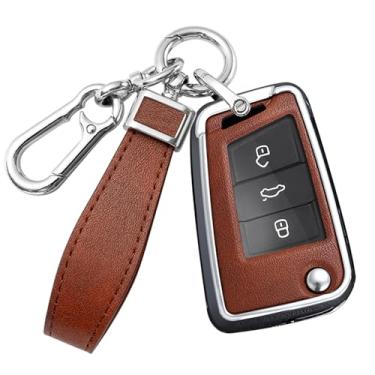 Imagem de HIBEYO Capa de chave para VW Golf 7 Capa de chave de carro para Volkswagen Polo Tiguan MK7 Sagitar T-ROC Lavida acessórios com chaveiros liga PU material de couro protetor de chaveiro - marrom