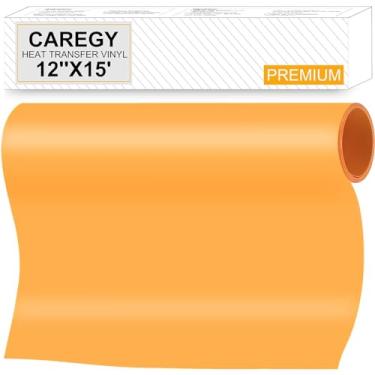 Imagem de CAREGY Vinil de transferência de calor HTV com ferro em vinil 30,48 cm x 40,48 m, fácil de cortar e passar a ferro em formato de prensa térmica para camisetas com design brilhante laranja amarelo
