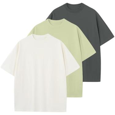 Imagem de KEEPSHOWING Camisetas masculinas de algodão grandes unissex manga curta gola redonda solta básica camiseta atlética lisa, Branco + verde claro + cinza escuro, G