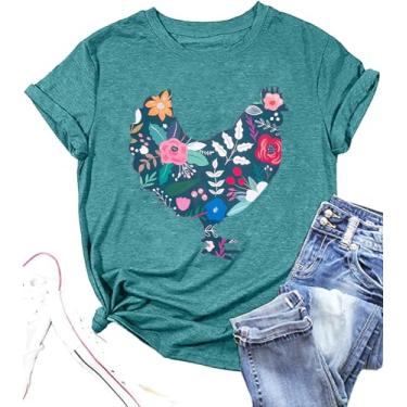 Imagem de Camiseta feminina de galinha linda fazenda camiseta mãe country casual manga curta, Flor verde, P