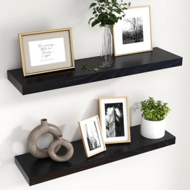 Imagem de Prateleiras flutuantes de 76 cm, prateleiras flutuantes de madeira preta para parede, conjunto de 2, prateleiras de parede de madeira de 76 cm para sala de estar, quarto, banheiro, escritório em casa