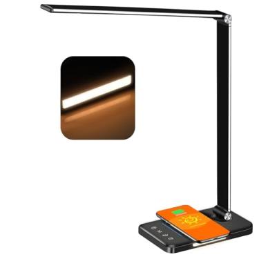 Imagem de AFROG Luminária de mesa LED multifuncional com carregador sem fio, porta de carregamento USB, 5 modos de iluminação, 7 níveis de brilho, controle sensível, temporizador de 30/60 minutos, lâmpada de escritório que cuida dos olhos, 5000K, 8W, preta