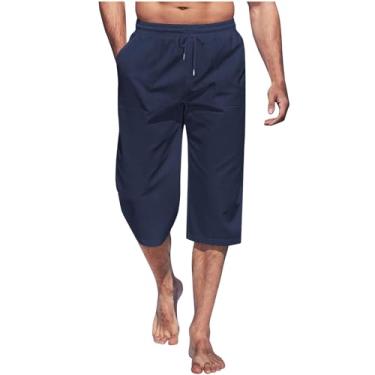 Imagem de Calça masculina de cintura elástica de cor lisa, leve, calça jogger, casual, calça capri de linho, Azul marino, GG