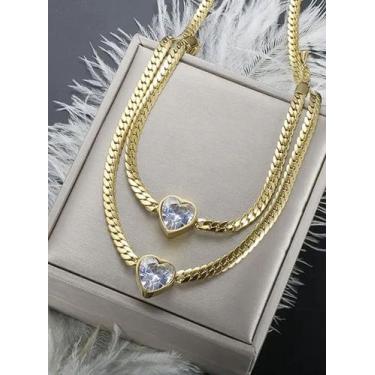 Imagem de Conjunto cordão + pulseira feminina coração banhada a ouro 18k - ToJoi