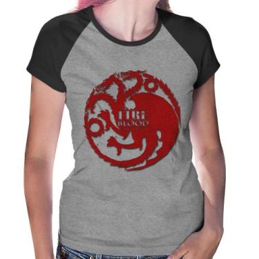 Imagem de Baby Look Raglan Fire and Blood Targaryen - Foca na Moda, Cinza, Preto