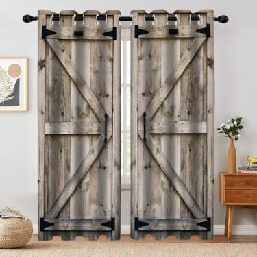 Imagem de Cortinas de janela blackout para porta de celeiro de madeira rústica, vintage fazenda rural, porta de madeira para casa, quarto, sala de estar, decoração de ilhós, cortinas de janela, conjunto de 2