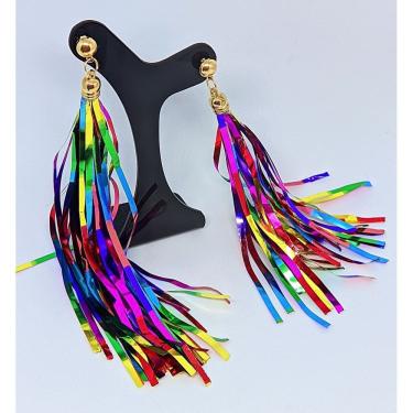 Imagem de Brinco Carnaval Bloquinho Par de Brincos Argola Aço Girassol Fitinhas Franjas Pompom Neon Festas Fios Lantejoula 2025