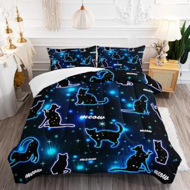 Imagem de XYNHML Jogo de cama kawaii, 3 peças, Queen, linha gradiente, gatinho fofo, para crianças, adolescentes, meninos, gatos, glitter, estampa de bolinhas, para decoração de cama com 1 edredom e 2 fronhas
