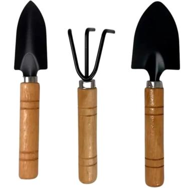 Imagem de Kit de Jardinagem 3 Peças em Metal | Cabo de Madeira | Pá Fina, Pá Larga e Rastelo | Ferramentas Resistentes para Horta e Jardim