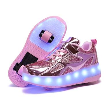 Imagem de BFOEL Tênis de skate com rodas para meninas, sapatos iluminados com rodas, para crianças, meninos, festa de Halloween, dia de Natal (12,5 criança pequena rosa 30)