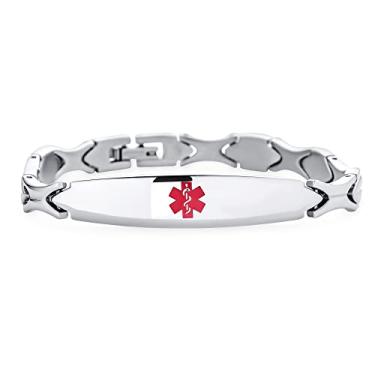 Imagem de Bling Jewelry Pulseira de identificação médica personalizada com motivo ocidental em forma de folha com nome moderno banhado a vermelho para homens adolescentes tom prata aço inoxidável 19 cm