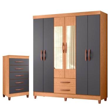 Imagem de Quarto Solteiro Completo Guarda Roupa Âmbar 6 portas com Espelho Cômod