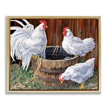 Imagem de Stupell Industries Tela flutuante dourada Chatting At Watercooler Chickens Design de arte de parede por Joseph Burgess, 80 x 63 cm