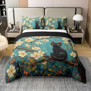 Imagem de Feelyou Capa de edredom estilo de pintura a óleo floral gato preto 100% algodão, conjunto de cama de gato preto vintage, tamanho Queen, quarto de crianças, meninos, meninas, capa de edredom de gato