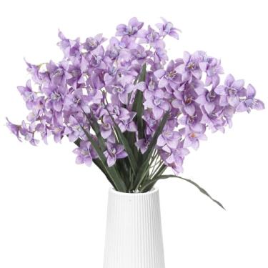 Imagem de IPOPU 10 peças de flor artificial de orquídea roxa falsa flor de cymbidium de seda sintética flores de dendrobium com haste para mesa, casa, casamento, arranjos florais (roxo)