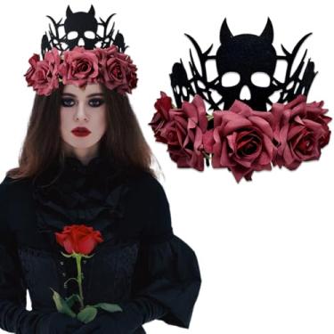 Imagem de Ncozwo Tiara de coroa de rosas de Halloween gótica floral caveira fantasma noiva rainha flores dia dos mortos acessório de cabelo, Vermelho, P