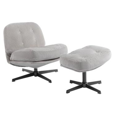 Imagem de HollyHOME Cadeira moderna giratória de 360° com otomano, cadeira de leitura confortável estofada e apoio para os pés, cadeira preguiçosa de tecido com almofada macia, poltrona de sofá para sala de