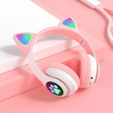Imagem de Fone de Ouvido Bluetooth Gatinho, LED RGB, Sem Fio, Rosa com Branco, Orelhas de Gato