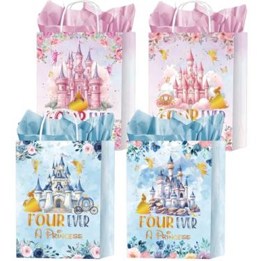 Imagem de Aposwow Four Ever a Princess Sacos de presente - 16 peças, 4º aniversário, castelo de princesa, reutilizável, guloseimas, lanches, lembrancinhas, sacolas de lembrancinhas de festa, azul e rosa