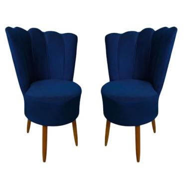 Imagem de Kit 2 Cadeiras Decorativa Pétala Veludo Luxo Premium Pés Retrô Palito Sala Quarto e Penteadeira (AZUL MARINHO)