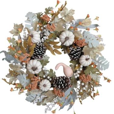 Imagem de Bibelot Guirlanda de outono de 55 cm para porta da frente – Guirlanda de outono de fazenda com abóboras brancas, pinhas e decoração neutra, decoração de porta de colheita de Ação de Graças interna