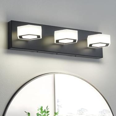 Imagem de Lanhall Luminária de banheiro de LED de 3 luzes moderna preta sobre espelho iluminação de parede de banheiro acrílico 24W brilho regulável 4000K 360° cabeça giratória