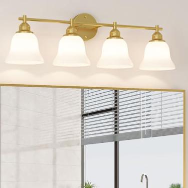 Imagem de Mepplzian Luminária de banheiro dourada sobre espelho - 4 arandelas de parede com persianas de vidro fosco, luminárias de banheiro de fazenda de meados do século para quarto, corredor (acabamento