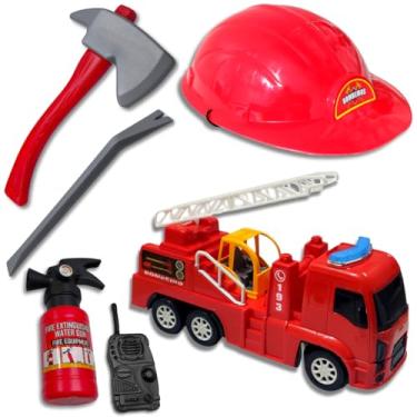 Imagem de Kit Bombeiro Infantil Brinquedo Brigada Capacete Machado Acessórios (capacete + kit bombeiro + caminhão de bombeiro)