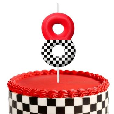 Imagem de Velas de aniversário de carro de corrida, decoração de topo de bolo de 6 cm, bandeira quadriculada número 8 velas, decorações de aniversário, decorações de bolo de festa de aniversário, suprimentos de